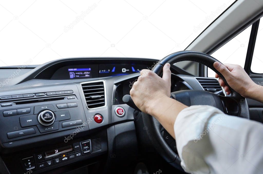 Inside view of a car with a male driver