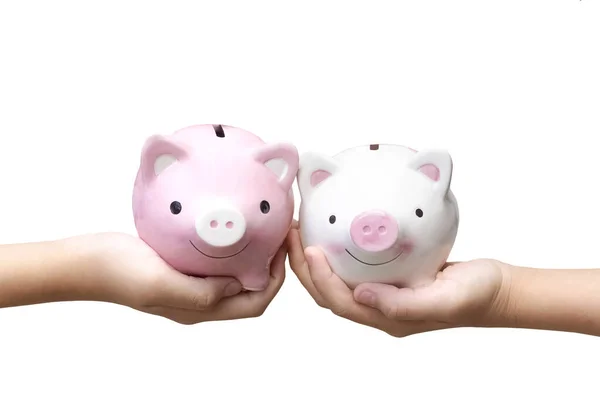 Saving Money Two Kids Holding Piggy Banks Isolated White Background — Stock Photo, Image