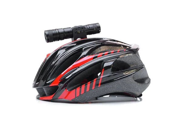 Een Mountainbike Helm Met Led Zaklamp Voor Nachts Rijden Geïnstalleerd — Stockfoto
