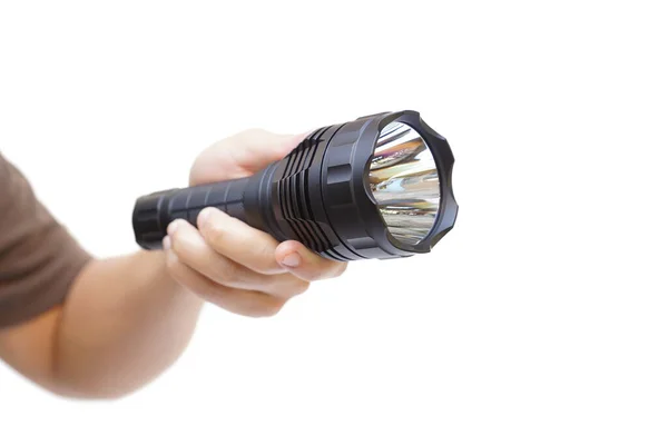 Hand Hält Eine Große Led Taschenlampe Isoliert Taschenlampe Für Das — Stockfoto