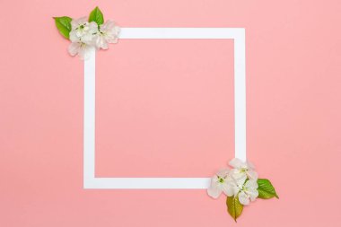 Yaratıcı düzen çiçekleri ve beyaz kağıt çerçeve. Bahar minimum konsepti. Pastel pembe arka planda mesaj için boş fotoğraf çerçevesi. Düğün için. Doğum günü... Anneler Günü. Düz konum, üst görünüm, kopyalama alanı