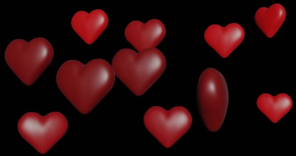Animation Mönster Hängande Roterande Och Rörliga Röda Hjärtan — Stockvideo