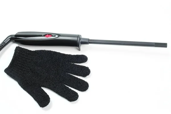 Curling iron and thermal gloves isolated on white background — 스톡 사진