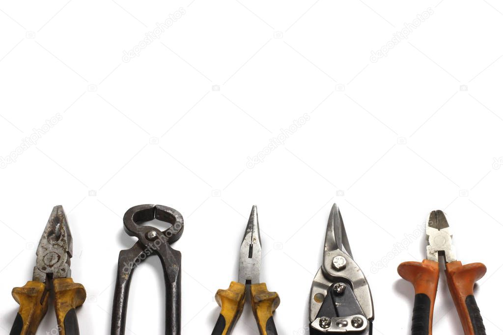 repairing implements for decorating and building renovation isolated on white background. Top view. Copy space
