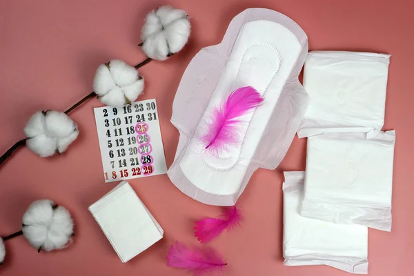Прокладки, календар, пір'я, бавовна. концепція жіночої особистої гігієни. Критичні дні, період крові, менструаційний цикл . — стокове фото