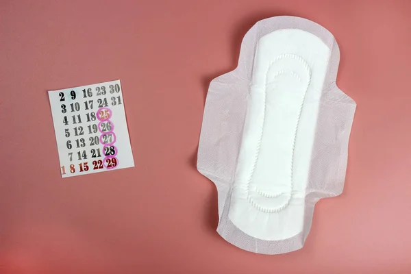 Pad and calendar. the concept of feminine Personal hygiene. Critical days, blood period, menstruation cycle. — ストック写真
