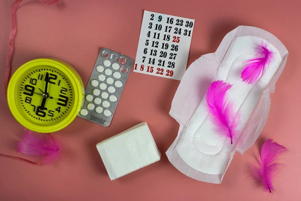 Сантехніка, ручка, календар, годинник на рожевому. Особиста гігієна, концепція жіночої гігієни. Критичні дні, період крові, менструальний цикл . — стокове фото