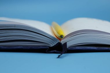 Mavi arkaplanda boş sayfaları olan bir defter aç. Boş alan