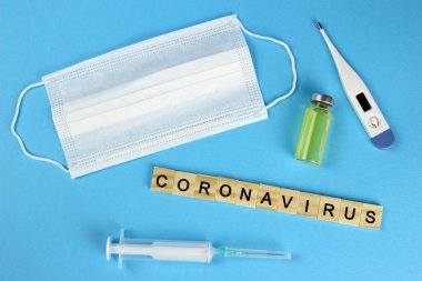 Chinese 2019 outbreak of coronavirus-nCoV. The inscription word Coronavirus, thermometer, syringe, gauze bandage. MERS-Cov middle East respiratory syndrome