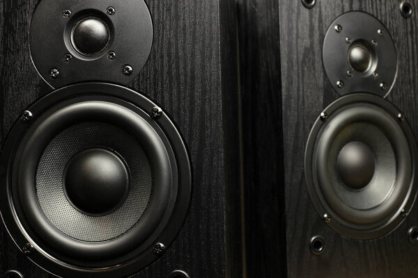 Acoustic stereo system, musical speakers. Close up