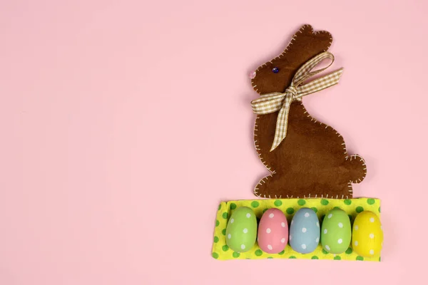 Multicolored Easter Eggs Rabbit Pink Background — Stock Photo, Image