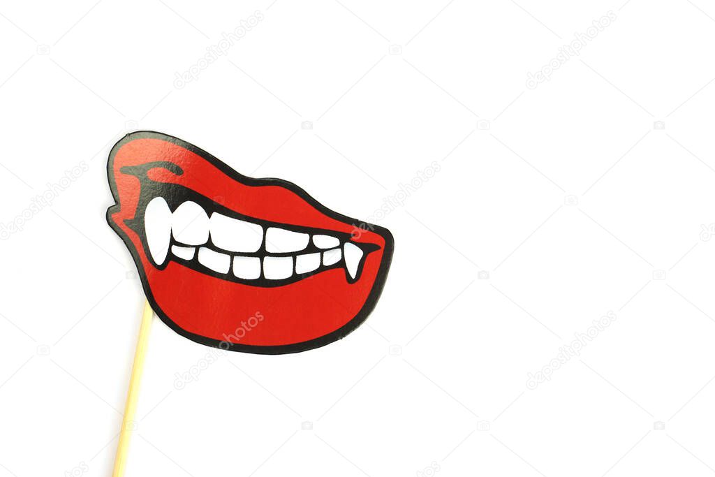 Female Smile with fangs on a stick photo booth. Space for text