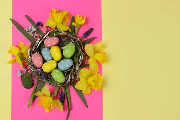 Colored Easter Eggs Nest Spring Flower Place Text — Stock Photo, Image