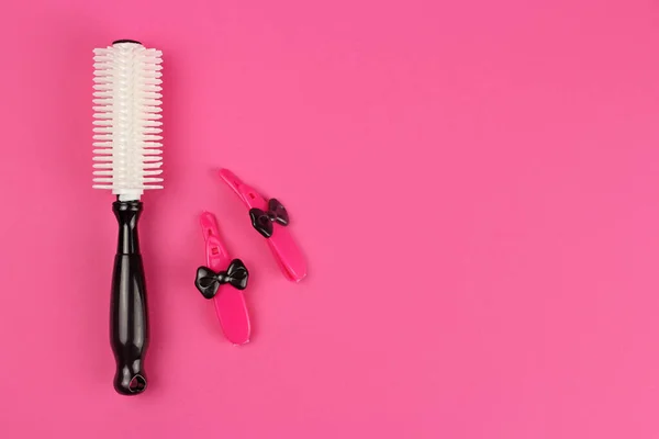 Children Plastic Barber Tools Pink Background Layout Copy Space — Stock Photo, Image