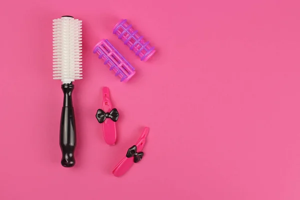 Children Plastic Barber Tools Pink Background Layout Copy Space — Stock Photo, Image