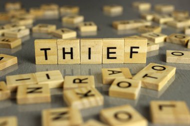 Kare ahşap harflerden yapılmış kelime hırsızı.