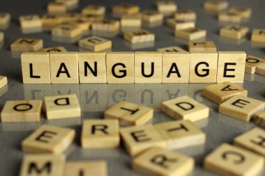 Kelime dili gri bir arkaplanda kare tahta harflerden oluşur.