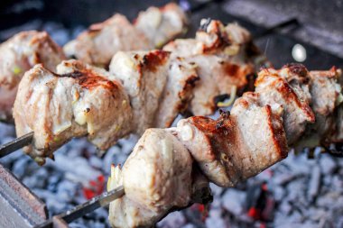 Izgarada leziz domuz kebabı, şiş kebap, şiş, ızgarada yakın plan.