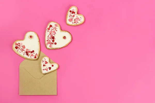 Coeurs Biscuits Faits Main Volant Partir Une Enveloppe — Photo