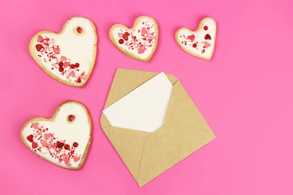 Coeurs Cookies Enveloppe Avec Espace Pour Texte Lettre Carte Vœux — Photo