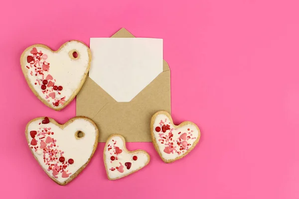 Coeurs Cookies Enveloppe Avec Espace Pour Texte Lettre Carte Vœux — Photo
