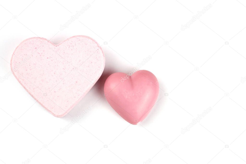 soap-heart and bath bomb pink, hand made isolated on white