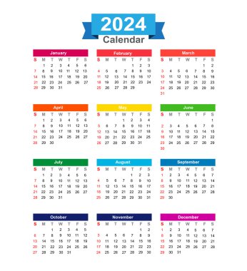 Beyaz arka plan vektör illustrat üzerinde izole 2024 yılı takvimi