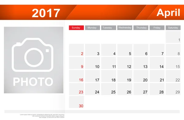 Ano 2017 mês de abril modelo de calendário de design simples e clara — Vetor de Stock