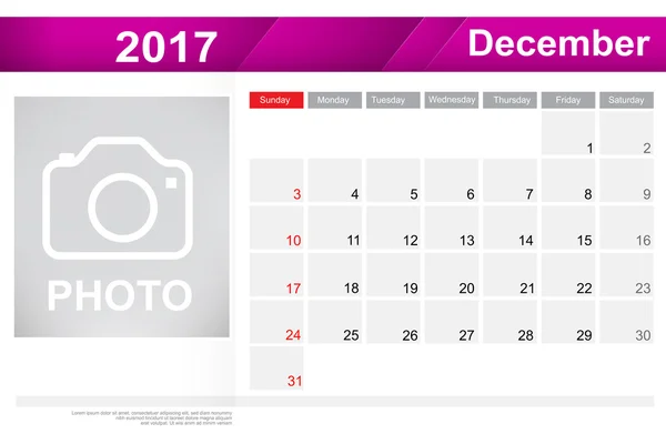 Jahr 2017 Dezember Monat einfache und klare Design-Kalender templa — Stockvektor