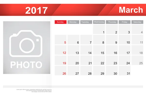Jahr 2017 März Monat einfache und klare Design-Kalendervorlage — Stockvektor