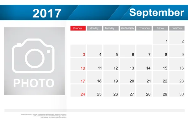 Depo takvimi yıl 2017 Eylül ay basit ve açık tasarım — Stok Vektör