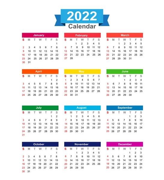 2022 Jahr Kalender isoliert auf weißem Hintergrund Vektor veranschaulichen — Stockvektor