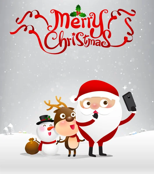 Merry christmas szöveg és a santa claus rajzfilm, selfie, smartph — Stock Vector