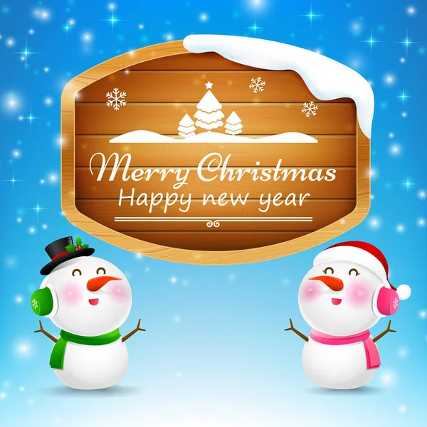 Bonhomme de neige de Noël et snowgirl signe en bois avec texte joyeux chris — Image vectorielle