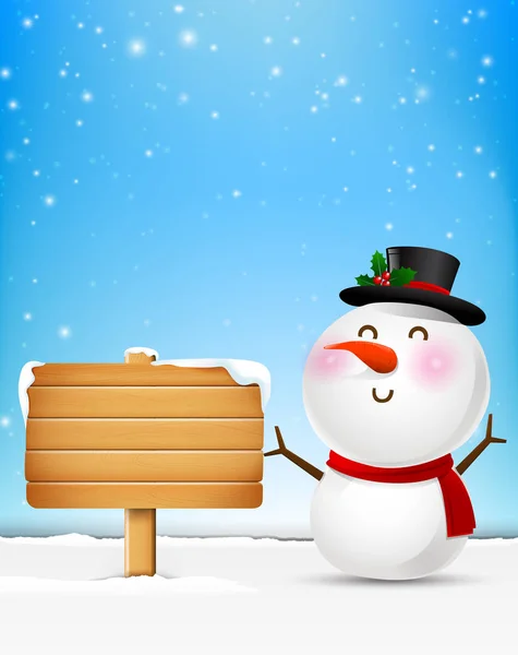 Snowman cartoon smile and blank wooden sign vector illustration — Stock Vector