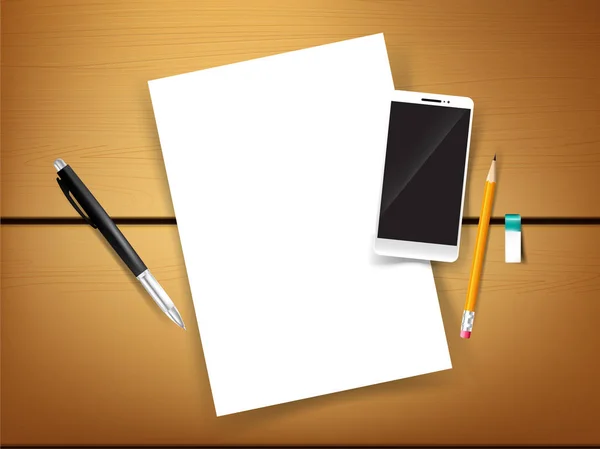 Vue du dessus du smartphone efface crayon stylo stationnaire sur ba en bois — Image vectorielle