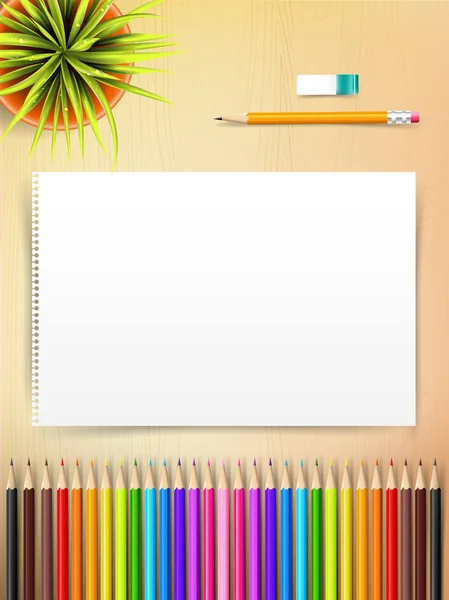 Vista superior de papel en blanco estacionario y lápiz de color con copia sp — Vector de stock