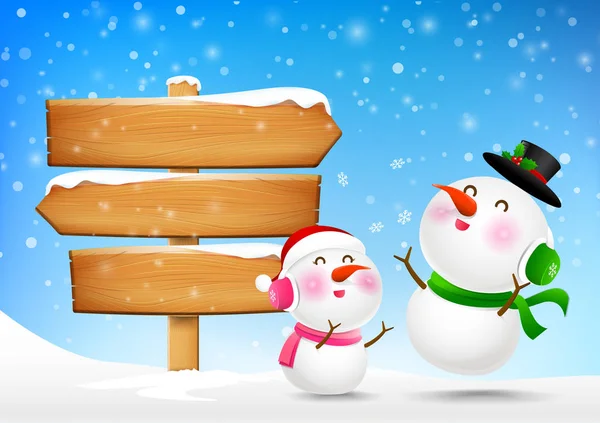 Vánoční sněhulák a snowgirl a dřevěná prázdné desky a w — Stockový vektor
