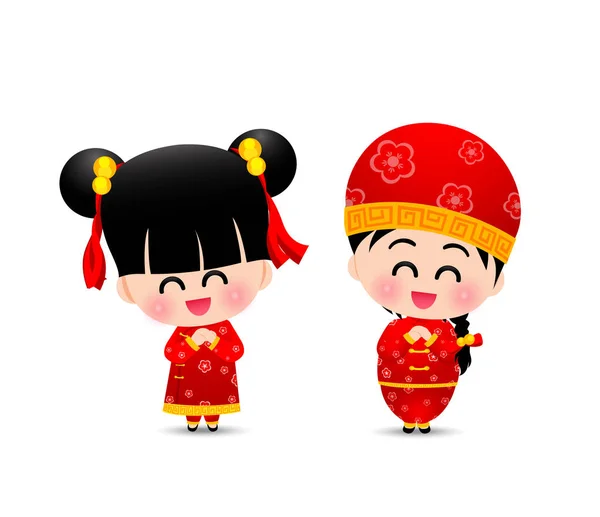 Chinese boy and chinese girl cartoon have smile and happy for ha — Stock Vector