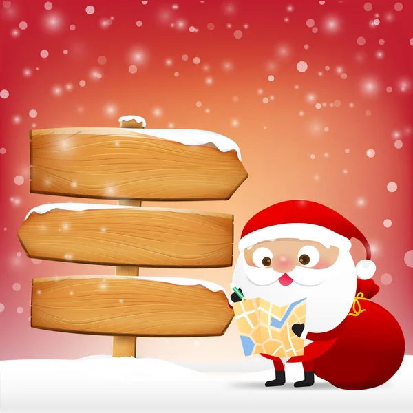 Weihnachtsmann liest eine Landkarte mit Holzschild — Stockvektor