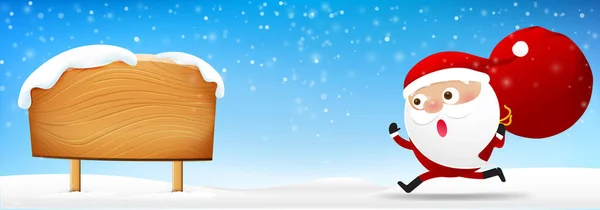 Рождественский Санта Клаус бегает и держа красную сумку на падающем снегу — стоковый вектор
