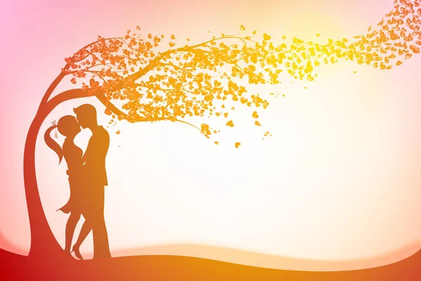 The Silhouette couple under three of love with heart on pink bac Stock Vector