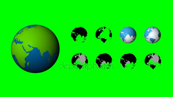 Набор из 9 вращающихся вращающихся глобальных элементов на фоне зеленого экрана 4K — стоковое видео