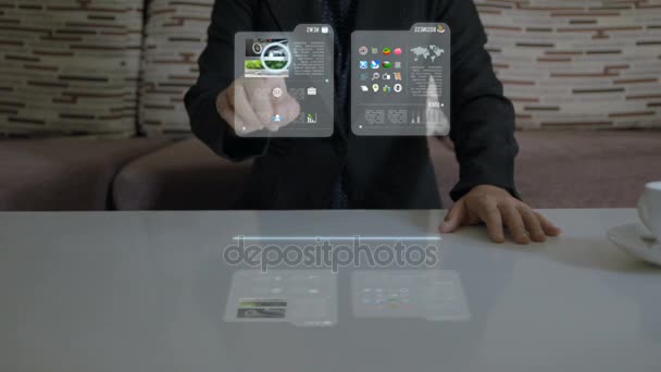 Hands of woman using hologram application for business   checking imagination futuristic concept — Stock Video