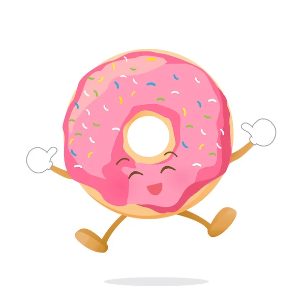 Donut dibujos animados saltando con la felicidad aislada en el fondo blanco — Archivo Imágenes Vectoriales