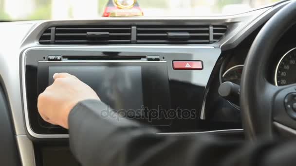 Close up shot hand of woman using touch screen in car shallow depth of field — Stock Video