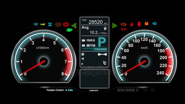 4K Animación del medidor de velocidad del tablero de instrumentos del coche rpm y el icono del automóvil — Vídeos de Stock