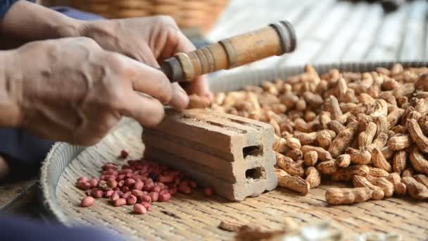 Manos de anciana para agrietarse Cáscara de nuez de guisante con sonido ambiental seleccionar enfoque superficial profundidad de campo — Vídeos de Stock