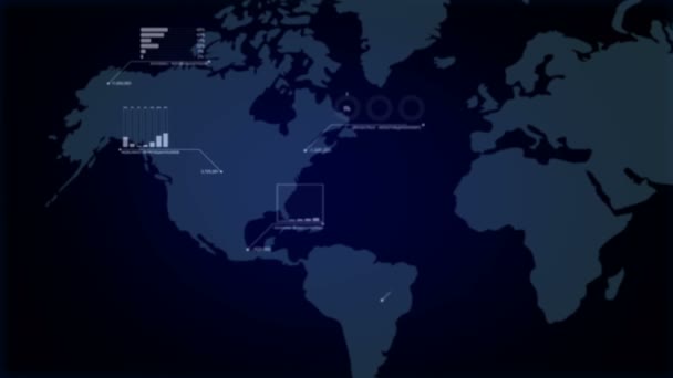 4k Animation av 3d rörliga Världskarta med stapeldiagram och slumpmässiga textelement på mörka abstrakt bakgrund futuristiska koncept — Stockvideo