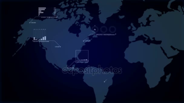 4K Animación del mapa del mundo en movimiento 3D con gráfico de barras y elemento de texto aleatorio sobre fondo abstracto oscuro concepto futurista — Vídeos de Stock